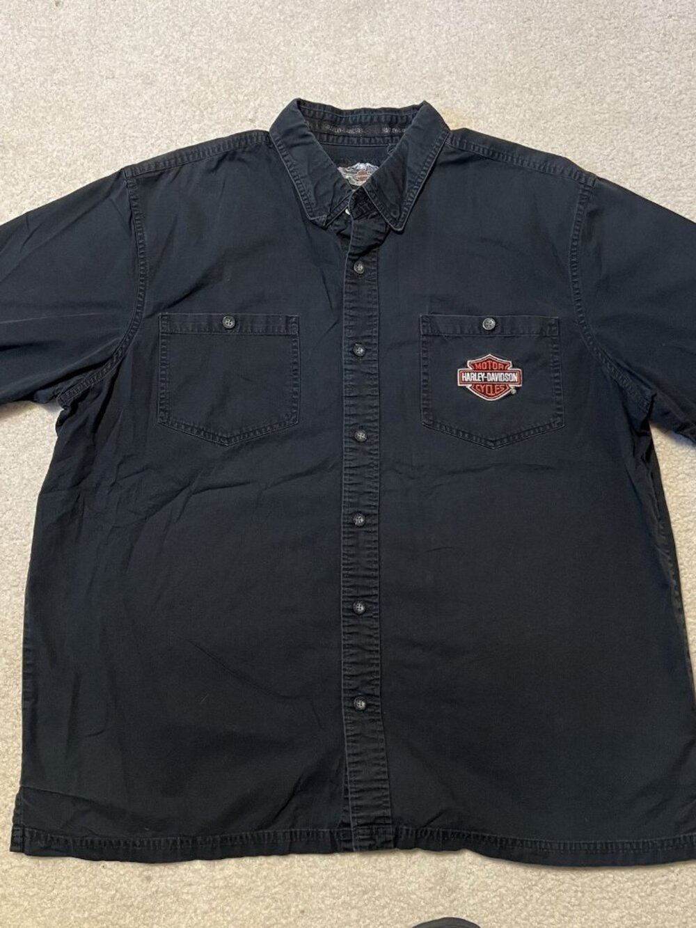 Harley-Davidson XL Button Down Shirt Black Embroidered Flames Short Sleeve Biker